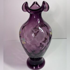 Vintage Fenton Plum Amethyst Diamond Optic Vase – Hand Painted Grapes,
Signed
